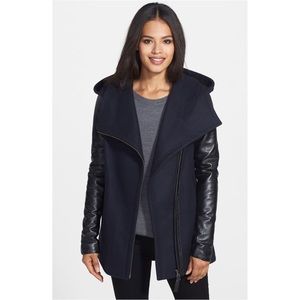 Mackage wool coat with leather sleeves.